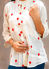 Load image into Gallery viewer, White &amp; RED Heart Embroidered Cotton Kurti – 3/4 Sleeves | 36&quot; Length