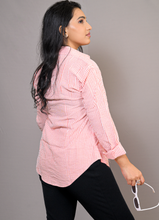 Load image into Gallery viewer, Pink &amp; White Striped Cotton Button-Down Shirt for Women – Everyday Casual &amp; Workwear