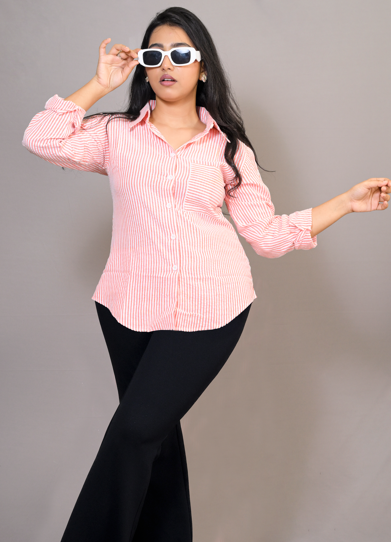 Pink & White Striped Cotton Button-Down Shirt for Women – Everyday Casual & Workwear