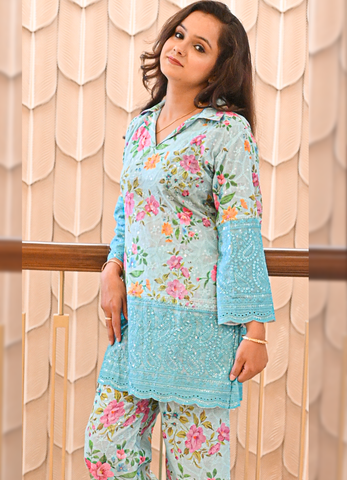 Sky Blue Floral Cotton Co-ord Set with Embroidered Border