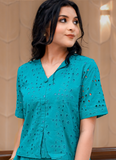 Teal Blue Cotton Eyelet Embroidered Top