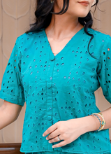 Load image into Gallery viewer, Teal Blue Cotton Eyelet Embroidered Top