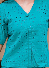 Load image into Gallery viewer, Teal Blue Cotton Eyelet Embroidered Top