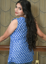 Load image into Gallery viewer, Blue &amp; Off-White Cotton Printed Sleeveless Top – Asymmetric Neck Design