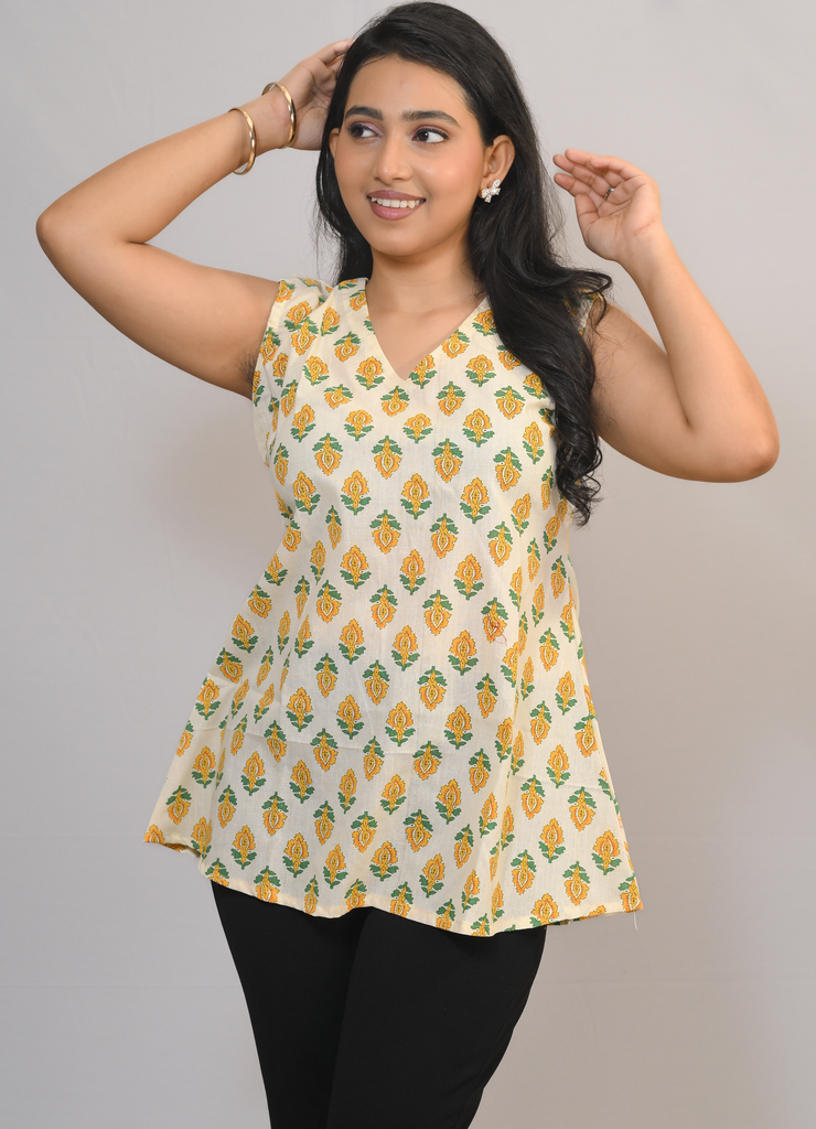 Women’s Sleeveless Printed Cotton A-Line Tunic Top – Yellow Floral Motif on Ivory Base