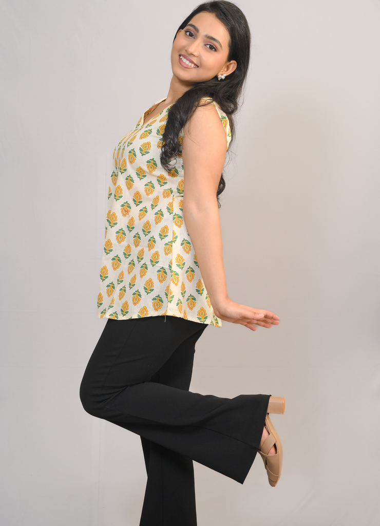 Women’s Sleeveless Printed Cotton A-Line Tunic Top – Yellow Floral Motif on Ivory Base