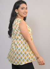 Load image into Gallery viewer, Women’s Sleeveless Printed Cotton A-Line Tunic Top – Yellow Floral Motif on Ivory Base