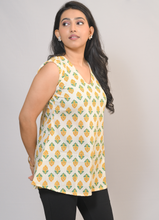 Load image into Gallery viewer, Women’s Sleeveless Printed Cotton A-Line Tunic Top – Yellow Floral Motif on Ivory Base