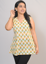 Load image into Gallery viewer, Women’s Sleeveless Printed Cotton A-Line Tunic Top – Yellow Floral Motif on Ivory Base