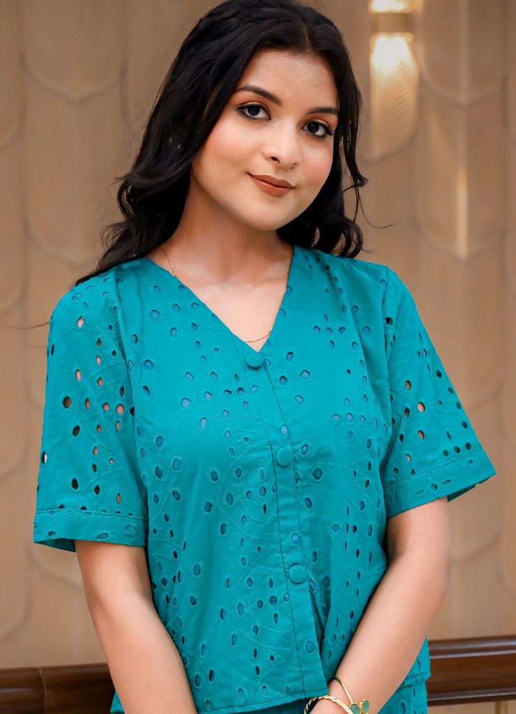 Teal Blue Cotton Eyelet Embroidered Top