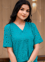 Load image into Gallery viewer, Teal Blue Cotton Eyelet Embroidered Top