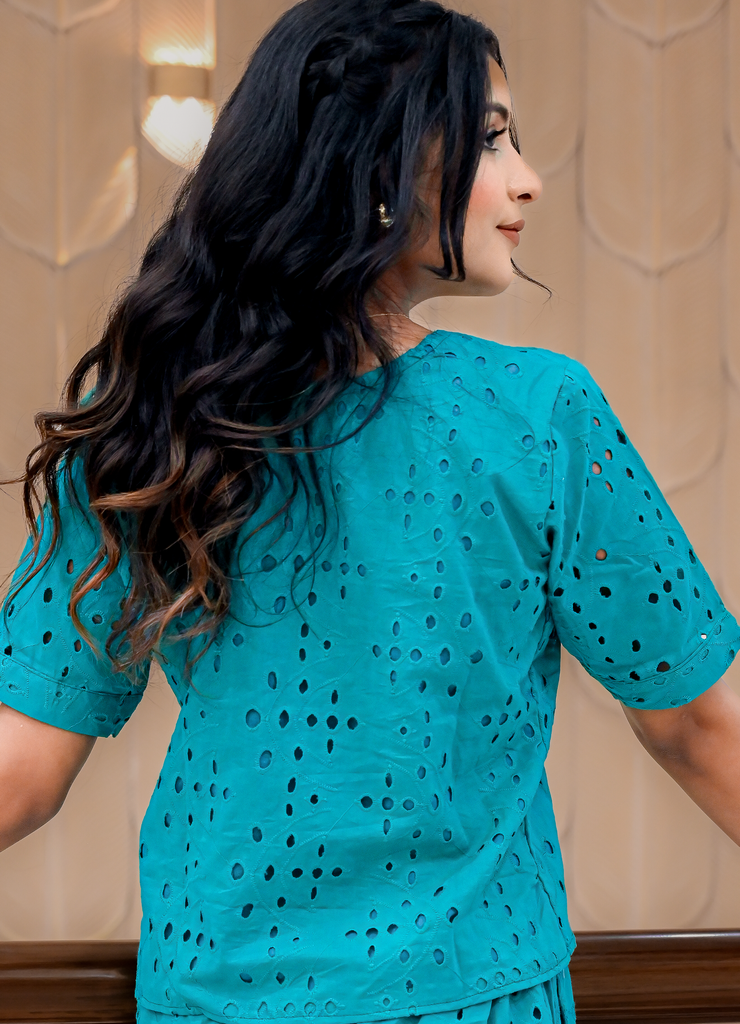 Teal Blue Cotton Eyelet Embroidered Top