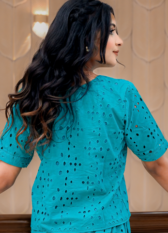 Teal Blue Cotton Eyelet Embroidered Top