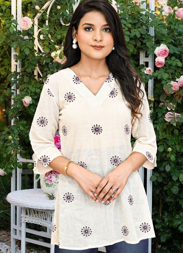 Off-White Pure Cotton Top with Wine Thread Embroidery