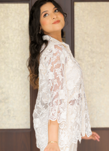 Load image into Gallery viewer, White Floral Embroidered Net Shirt – Sheer Elegance with 3/4 Sleeves