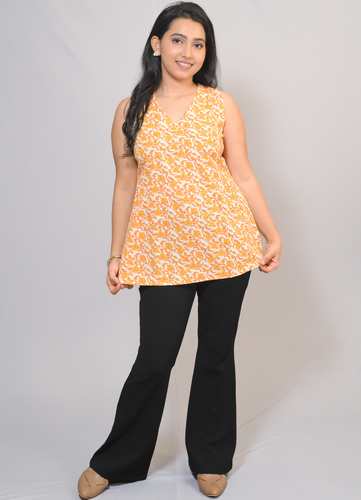 Yellow Floral Print Cotton Sleeveless Top