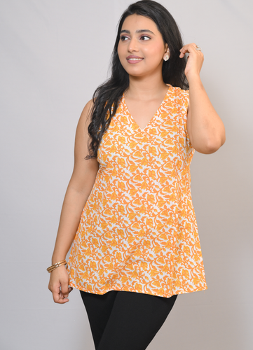 Yellow Floral Print Cotton Sleeveless Top
