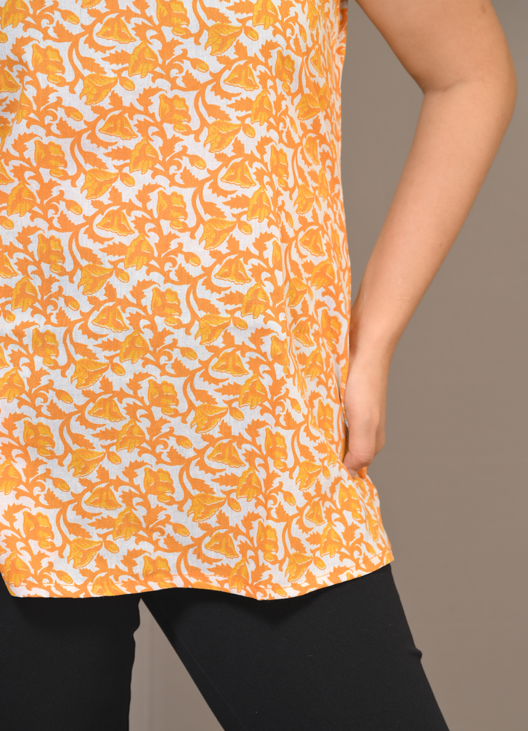 Yellow Floral Print Cotton Sleeveless Top
