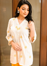 Load image into Gallery viewer, Off-White &amp; Yellow Embroidered Cotton Kurti – 3/4 Sleeves | 36&quot; Length