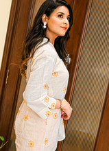 Load image into Gallery viewer, Off-White &amp; Yellow Embroidered Cotton Kurti – 3/4 Sleeves | 36&quot; Length