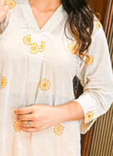Load image into Gallery viewer, Off-White &amp; Yellow Embroidered Cotton Kurti – 3/4 Sleeves | 36&quot; Length