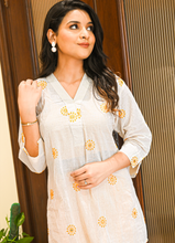 Load image into Gallery viewer, Off-White &amp; Yellow Embroidered Cotton Kurti – 3/4 Sleeves | 36&quot; Length
