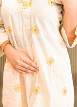 Load image into Gallery viewer, Off-White &amp; Yellow Embroidered Cotton Kurti – 3/4 Sleeves | 36&quot; Length