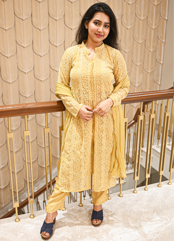 Mustard Yellow Embroidered Kurta Set with Dupatta
