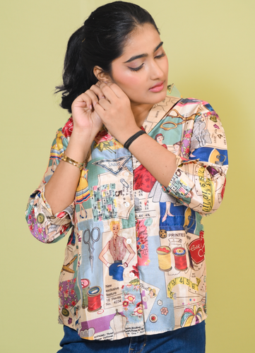 Vintage Print Royal Mango Silk Shirt for Women