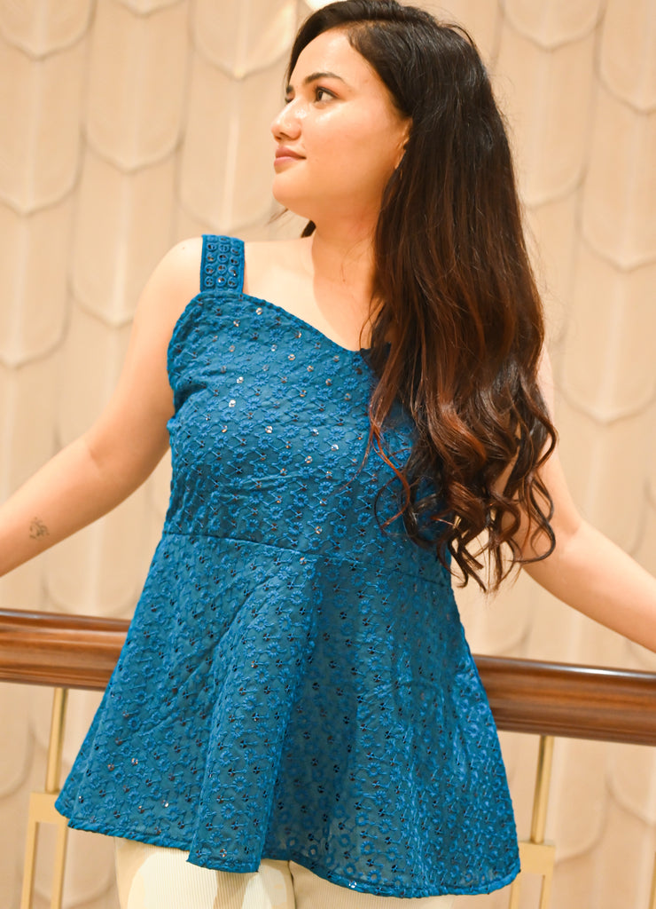 Ocean Bloom Pure Cotton Sleeveless Flared Top