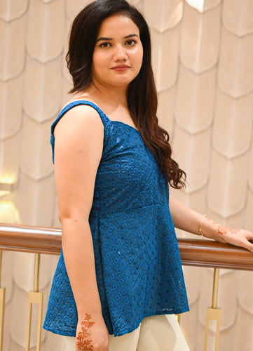 Ocean Bloom Pure Cotton Sleeveless Flared Top