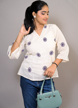 Load image into Gallery viewer, Off-White Cotton Embroidered Top with Navy blue  Floral Motifs