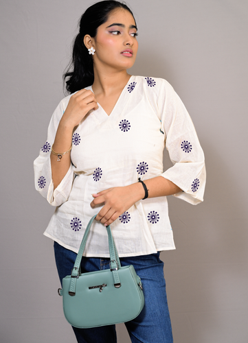 Off-White Cotton Embroidered Top with Navy blue  Floral Motifs
