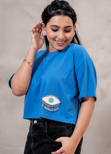 Blue Cotton Over Size Crop Top  Fit T-Shirt with Evil Eye Embroidery Patch