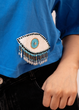 Load image into Gallery viewer, Blue Cotton Over Size Crop Top  Fit T-Shirt with Evil Eye Embroidery Patch