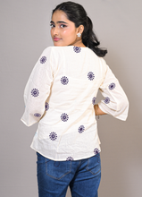 Load image into Gallery viewer, Off-White Cotton Embroidered Top with Navy blue  Floral Motifs