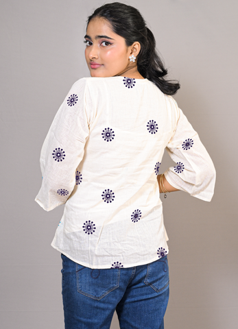 Off-White Cotton Embroidered Top with Navy blue  Floral Motifs