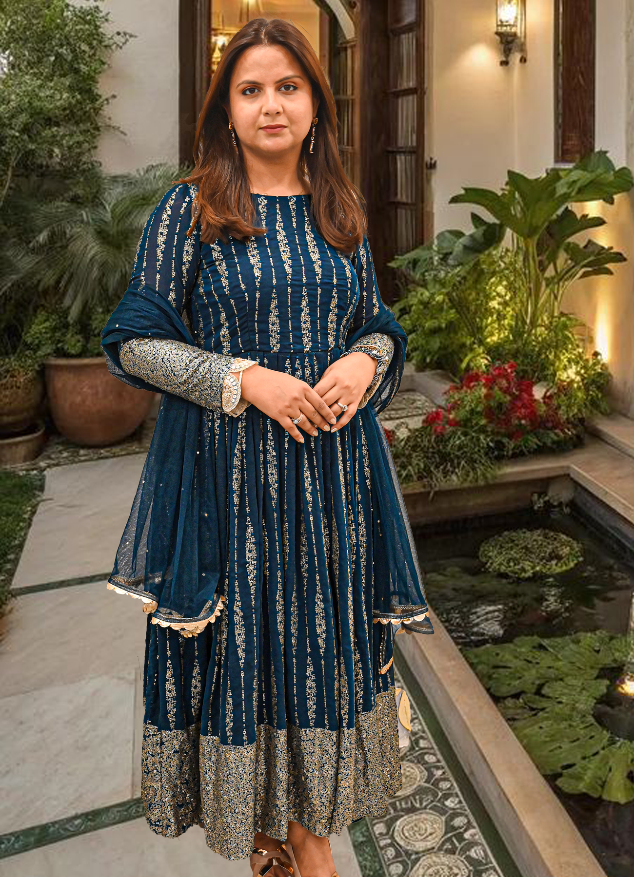 Midnight Blue Georgette Gown Set with Net Dupatta