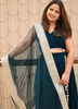 Image of Royal Teal Blue Velvet Lehenga Set with Embroidered Net Dupatta