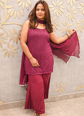 Wine Red Georgette Kurta Set with Chiffon Dupatta