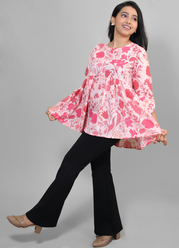 Pink Floral Cotton-Rayon Flared Top