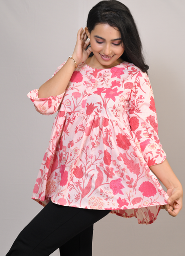 Pink Floral Cotton-Rayon Flared Top