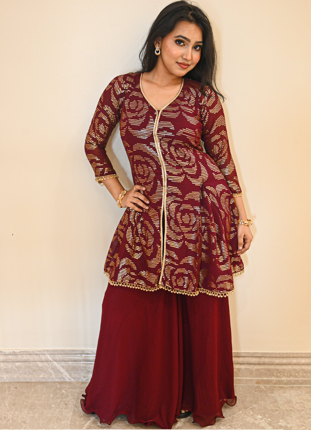 Maroon Georgette Shrug Style Lehenga Set with Sequin Embroidery