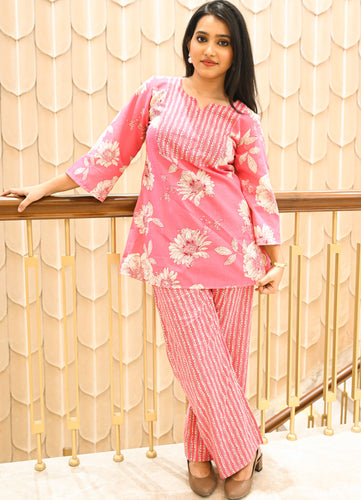 Summer Bloom Pink Floral Cotton Co-ord Set – 2 Pc | Stretchable & Super Comfy