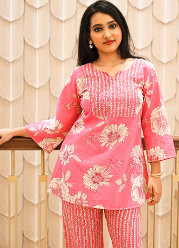 Summer Bloom Pink Floral Cotton Co-ord Set – 2 Pc | Stretchable & Super Comfy