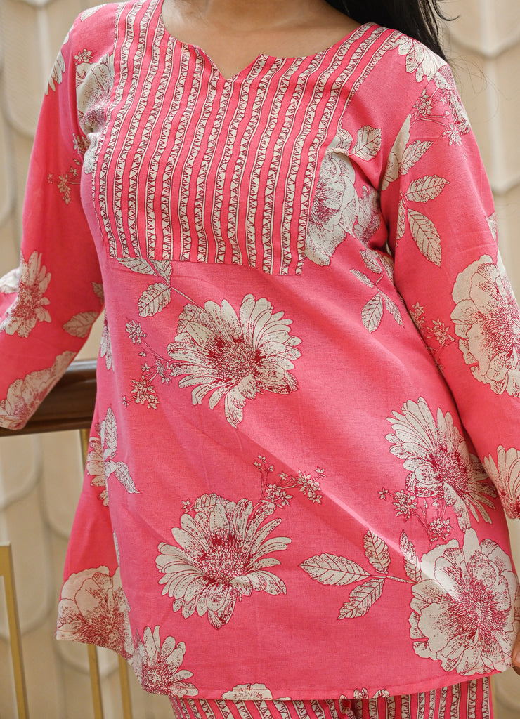 Summer Bloom Pink Floral Cotton Co-ord Set – 2 Pc | Stretchable & Super Comfy