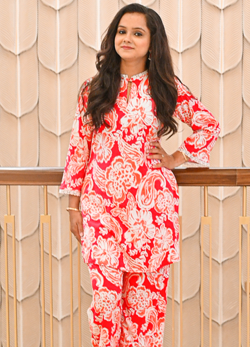 Radiant Red Floral Printed Cotton Rayon Co-Ord Set