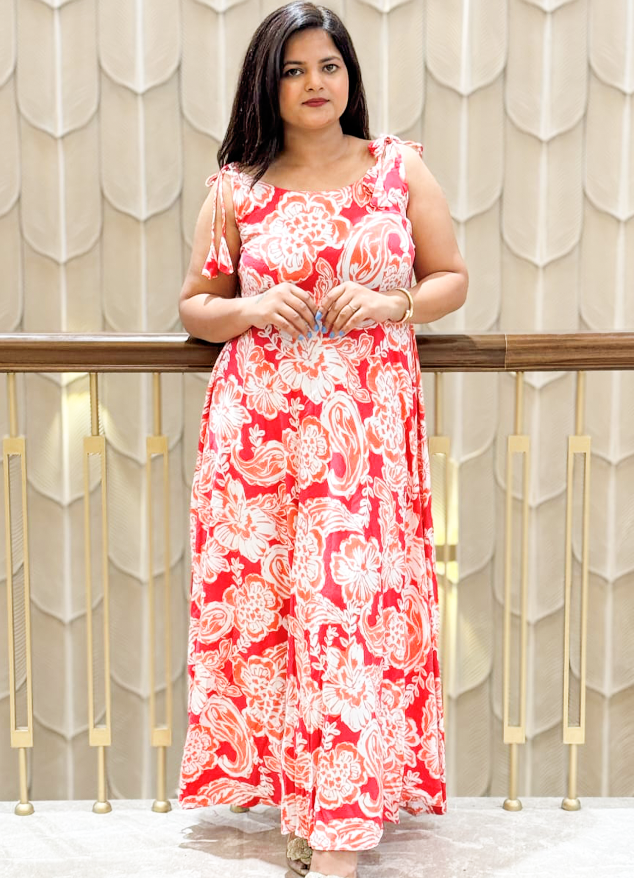 Scarlet Bloom Tie-Shoulder Maxi Dress