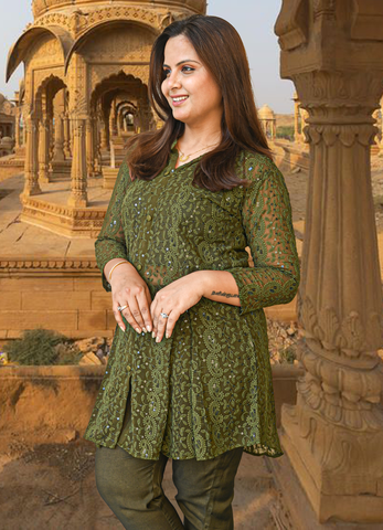 Olive Green Embroidered Co-Ord Set for Women – Stylish Summer Kurti & Pants