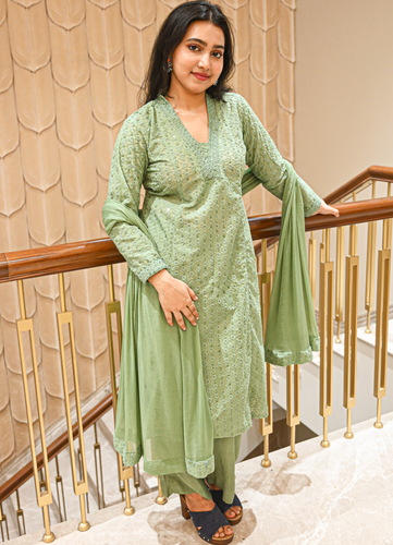 Sage Green Cotton Embroidered Suit Set with Dupatta